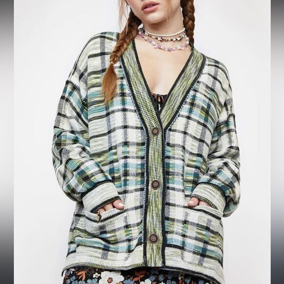 Free People Mcgregor Plaid Cardigan Green S - Picture 2 of 12